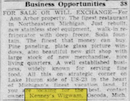 Kenneys Wig Wam (Wig-Wam, Wigwam) - Aug 23 1947 Article